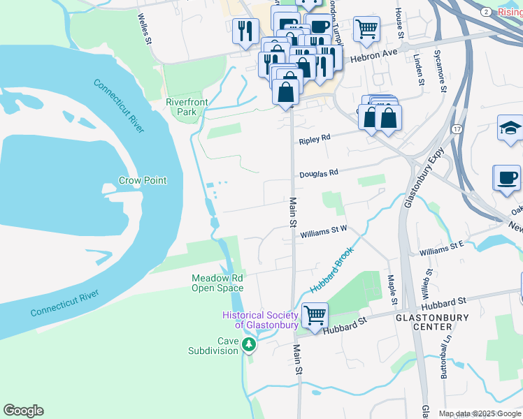 map of restaurants, bars, coffee shops, grocery stores, and more near 60 Willow Green Lane in Glastonbury
