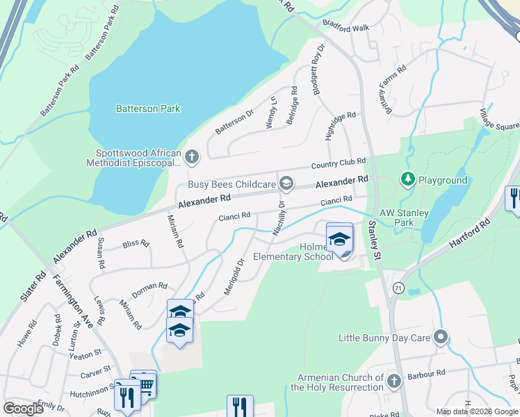 map of restaurants, bars, coffee shops, grocery stores, and more near 193 Cianci Road in New Britain