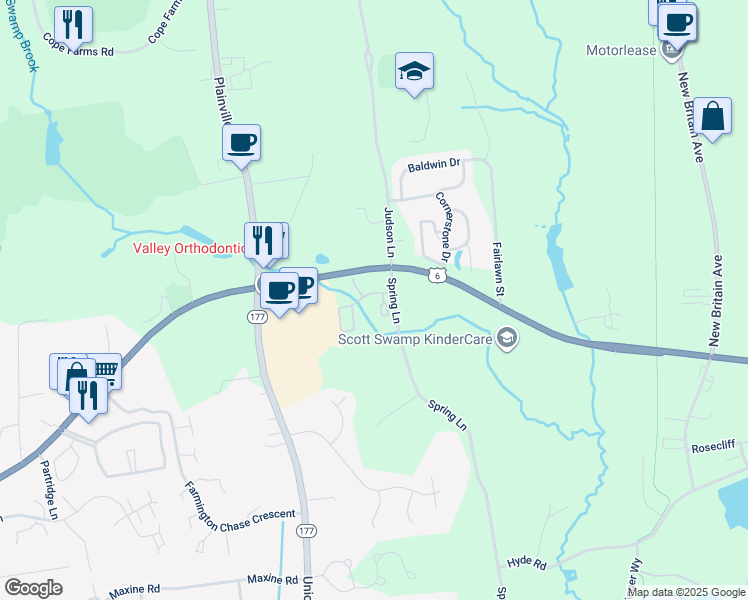 map of restaurants, bars, coffee shops, grocery stores, and more near 2 Spring Lane in Farmington