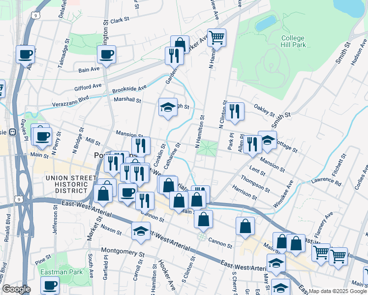 map of restaurants, bars, coffee shops, grocery stores, and more near 73 Catharine Street in Poughkeepsie