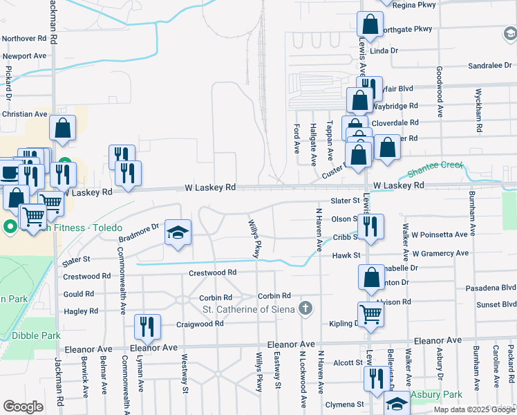 map of restaurants, bars, coffee shops, grocery stores, and more near 1256 Slater Street in Toledo