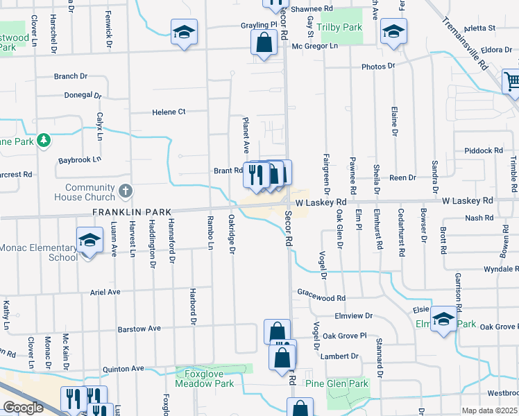 map of restaurants, bars, coffee shops, grocery stores, and more near 3311 West Laskey Road in Toledo