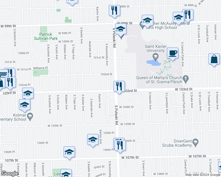 map of restaurants, bars, coffee shops, grocery stores, and more near 4014 West 103rd Street in Oak Lawn