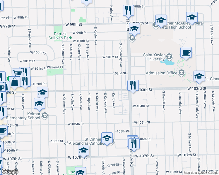 map of restaurants, bars, coffee shops, grocery stores, and more near 4118 West 103rd Street in Oak Lawn