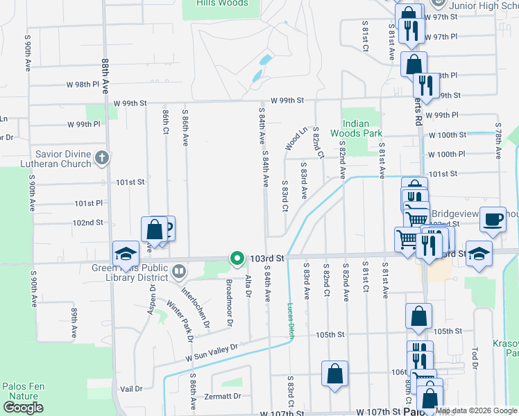 map of restaurants, bars, coffee shops, grocery stores, and more near 10152 South 84th Terrace in Palos Hills