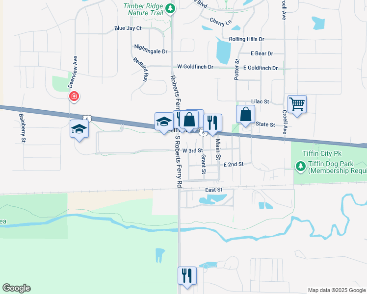map of restaurants, bars, coffee shops, grocery stores, and more near 238-242 West 3rd Street in Tiffin