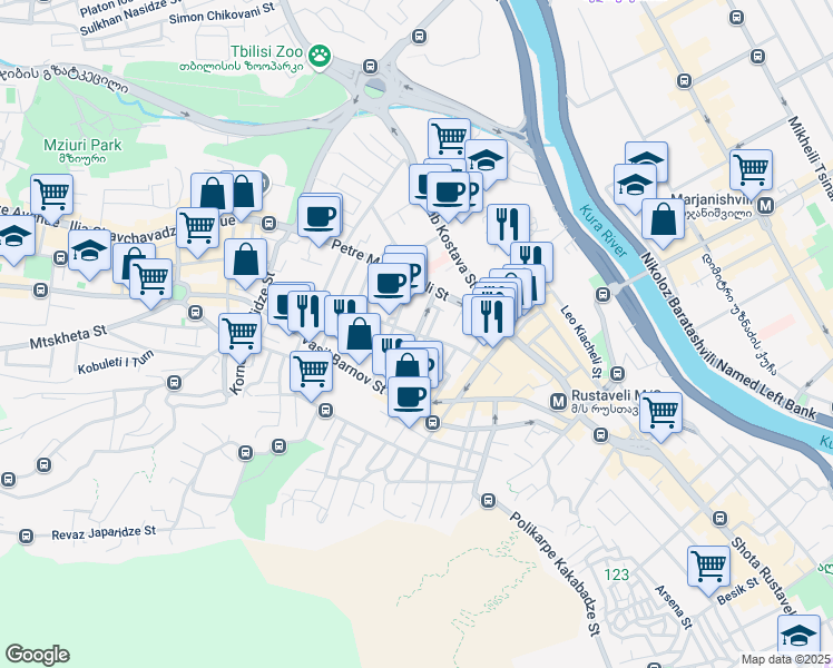 map of restaurants, bars, coffee shops, grocery stores, and more near Erekle Tatishvili Street in Tbilisi