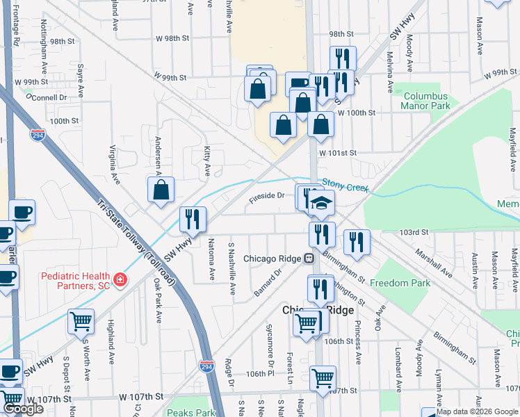 map of restaurants, bars, coffee shops, grocery stores, and more near 6516 102nd Place in Chicago Ridge