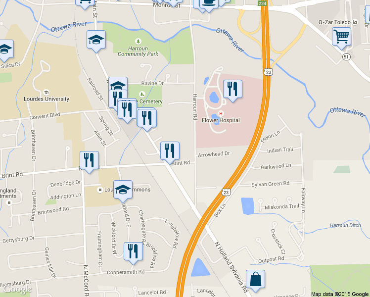 map of restaurants, bars, coffee shops, grocery stores, and more near 5055 Harroun Rd in Sylvania