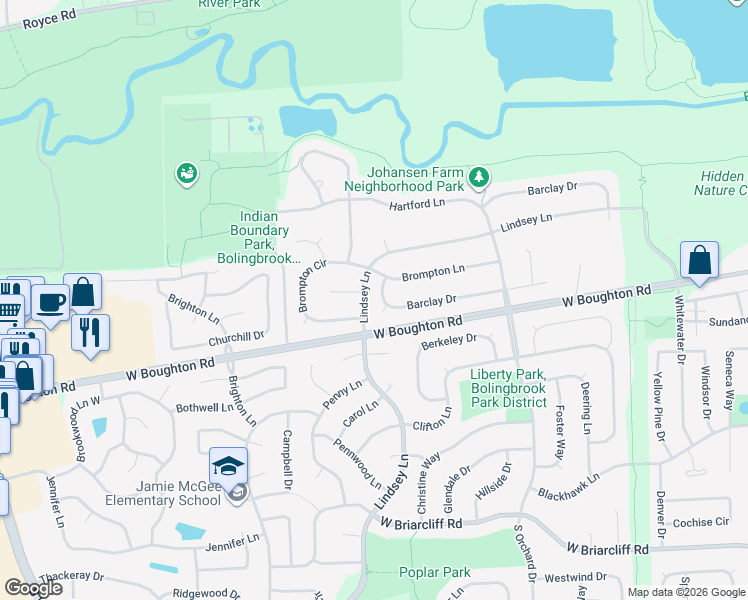 map of restaurants, bars, coffee shops, grocery stores, and more near 845 Barclay Drive in Bolingbrook