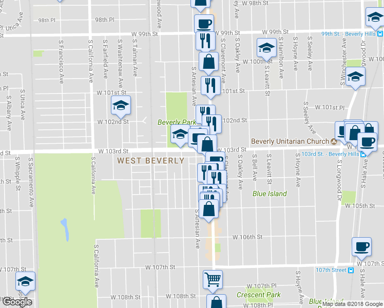 map of restaurants, bars, coffee shops, grocery stores, and more near 2441 West 103rd Street in Chicago