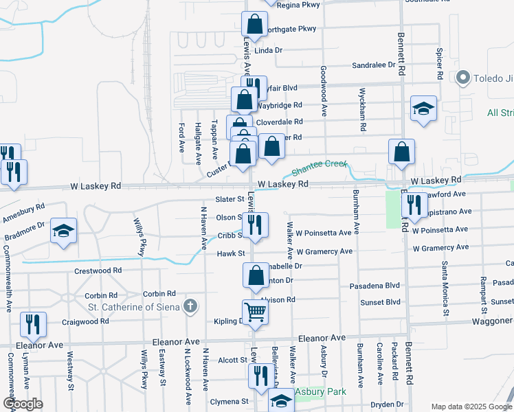 map of restaurants, bars, coffee shops, grocery stores, and more near 4920 Lewis Avenue in Toledo