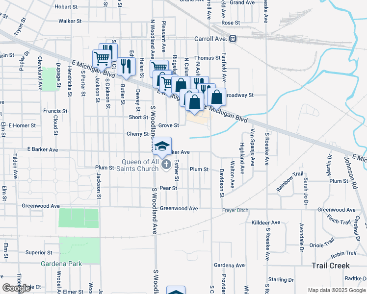 map of restaurants, bars, coffee shops, grocery stores, and more near 1822 East Barker Avenue in Michigan City