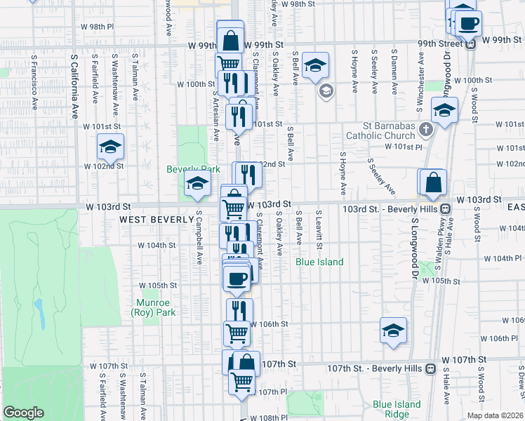 map of restaurants, bars, coffee shops, grocery stores, and more near 2301 West 103rd Street in Chicago