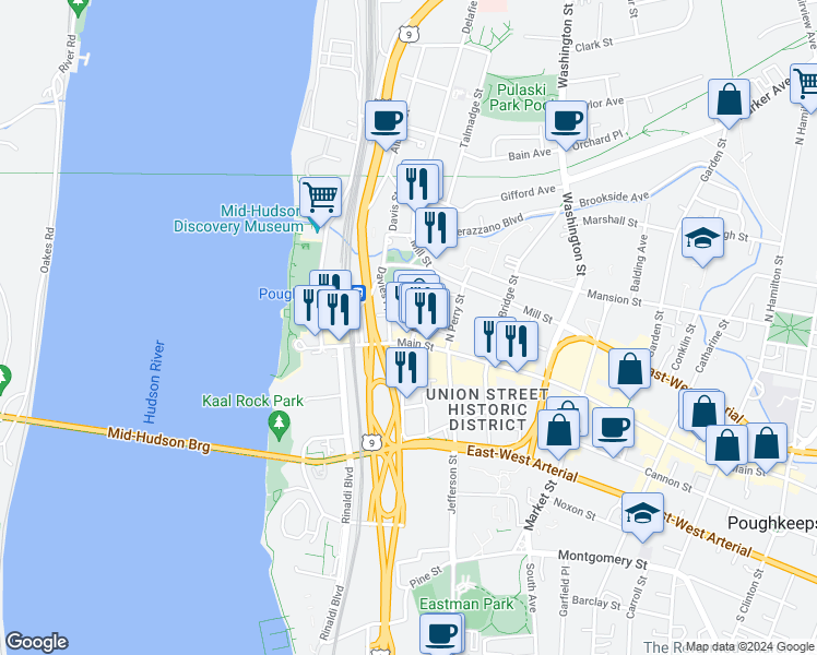 map of restaurants, bars, coffee shops, grocery stores, and more near 8 North Clover Street in Poughkeepsie