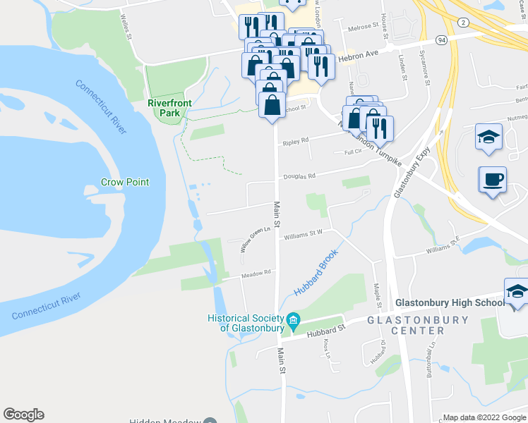 map of restaurants, bars, coffee shops, grocery stores, and more near 2113 Main Street in Glastonbury