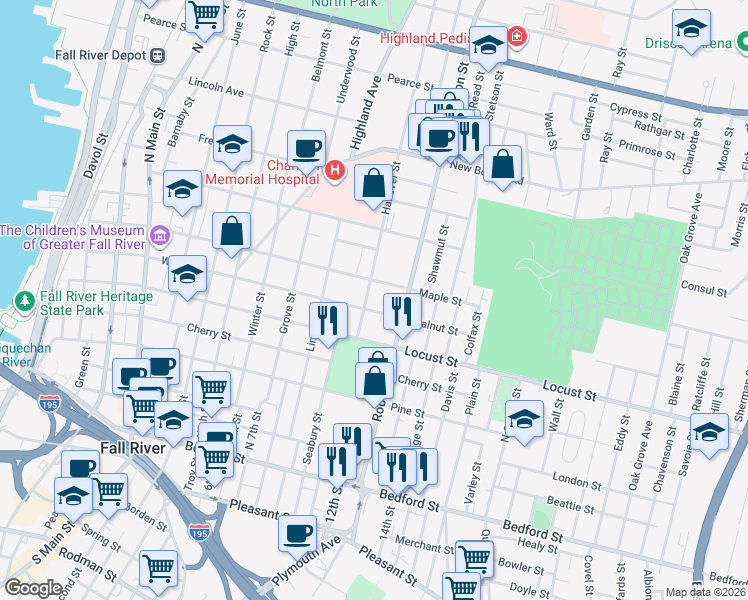 map of restaurants, bars, coffee shops, grocery stores, and more near 77 Hanover Street in Fall River