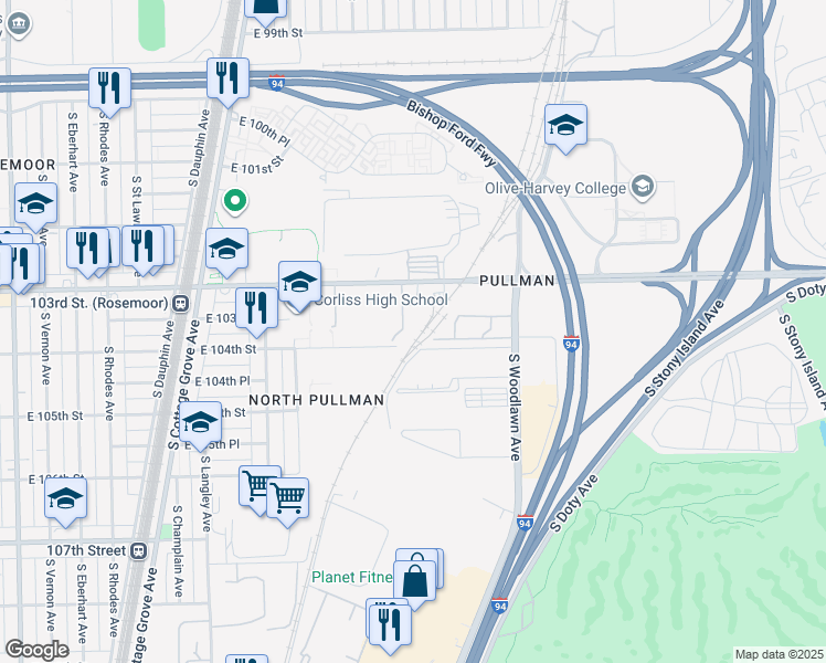 map of restaurants, bars, coffee shops, grocery stores, and more near 728 East 111th Street in Chicago