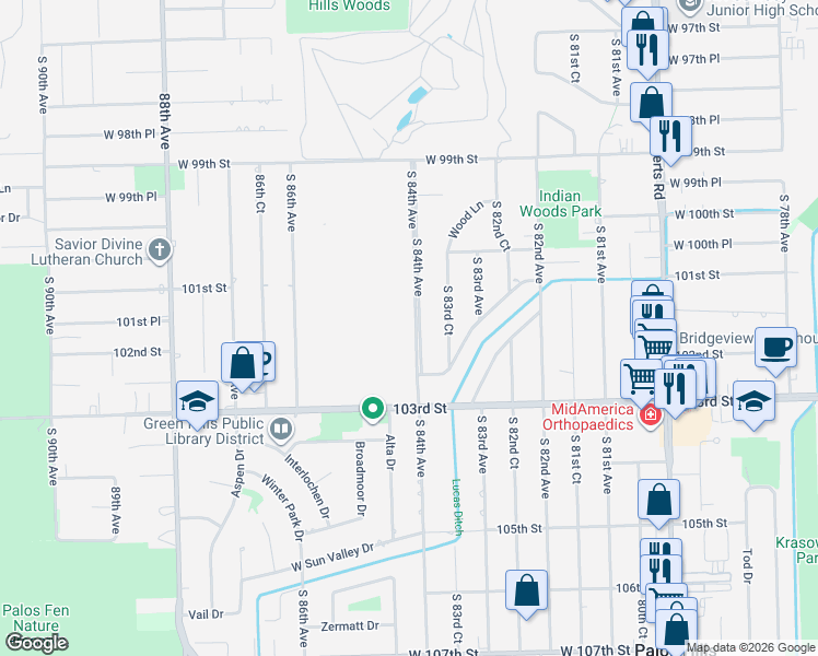 map of restaurants, bars, coffee shops, grocery stores, and more near 10152 South 84th Terrace in Palos Hills