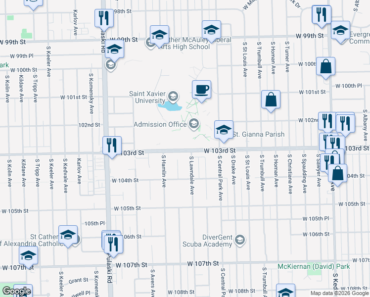 map of restaurants, bars, coffee shops, grocery stores, and more near 3738 West 103rd Street in Chicago