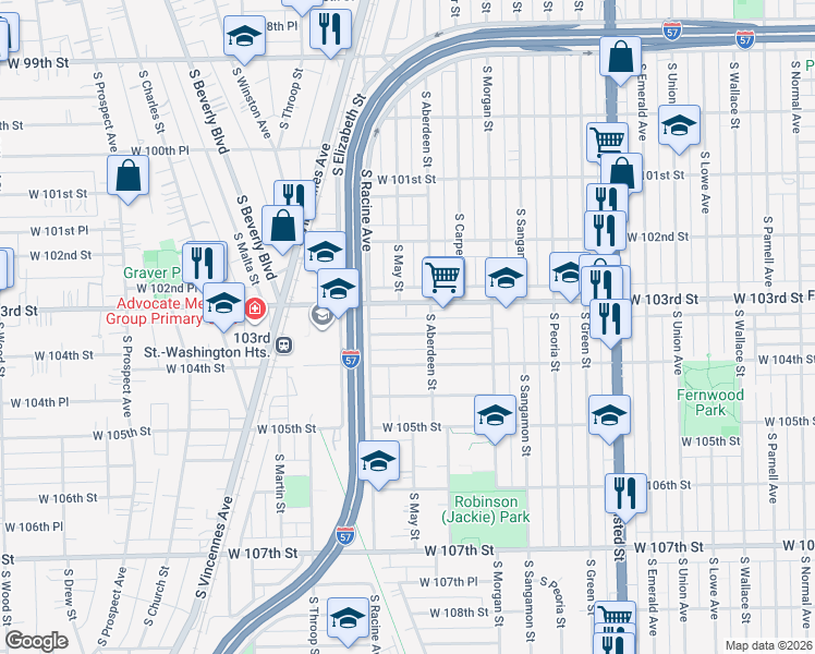 map of restaurants, bars, coffee shops, grocery stores, and more near 1120 West 103rd Place in Chicago