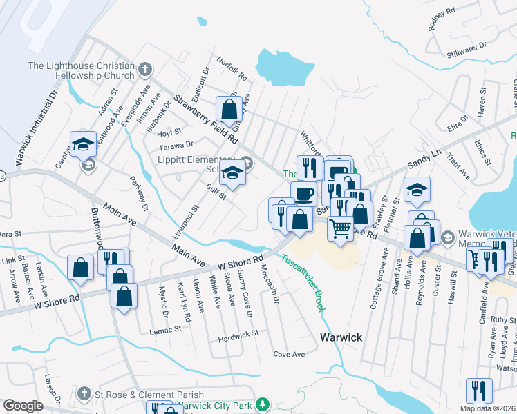 map of restaurants, bars, coffee shops, grocery stores, and more near 70 Turner Street in Warwick