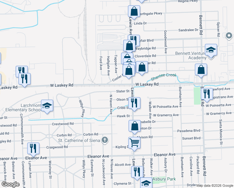 map of restaurants, bars, coffee shops, grocery stores, and more near 1105 Slater Street in Toledo