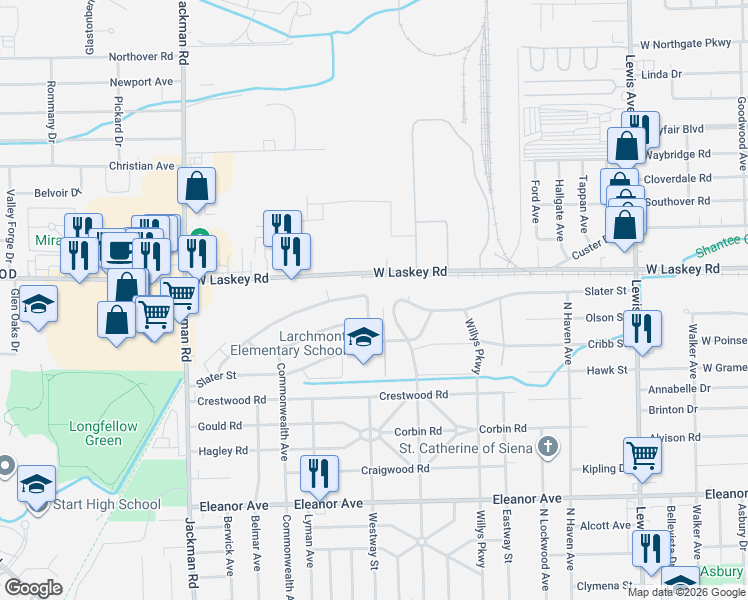 map of restaurants, bars, coffee shops, grocery stores, and more near 4840 Amesbury Road in Toledo
