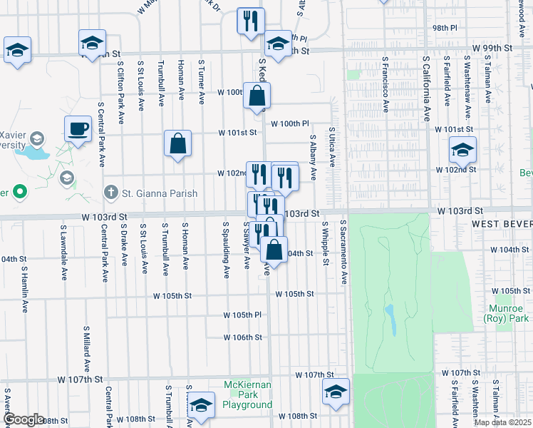 map of restaurants, bars, coffee shops, grocery stores, and more near S Kedzie Ave & W 103rd St in Chicago