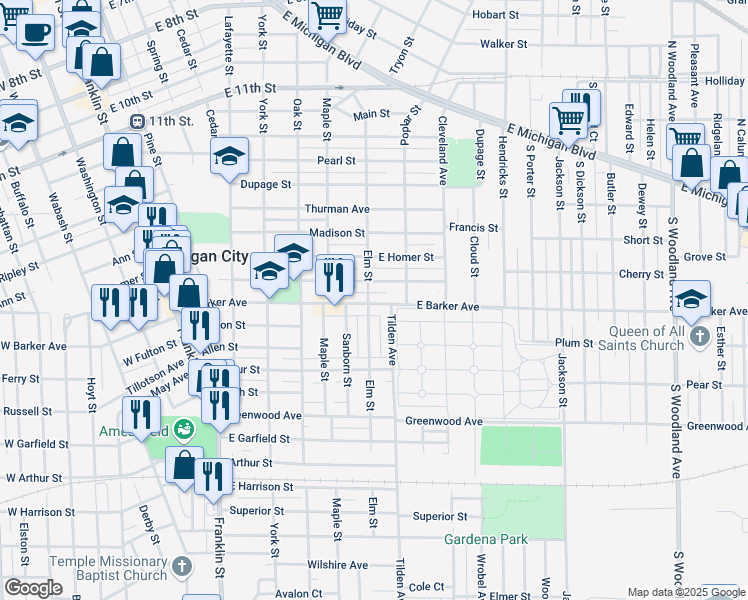 map of restaurants, bars, coffee shops, grocery stores, and more near 711 East Barker Avenue in Michigan City
