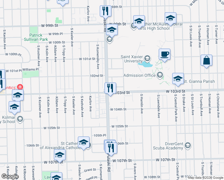 map of restaurants, bars, coffee shops, grocery stores, and more near 3937 West 102nd Place in Chicago