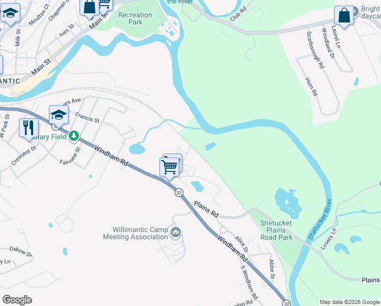 map of restaurants, bars, coffee shops, grocery stores, and more near 26 Russ Road in Windham