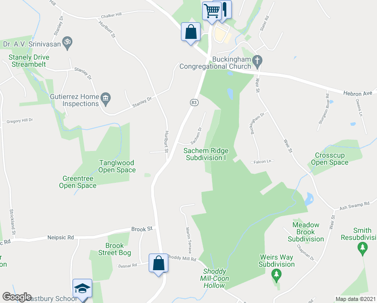 map of restaurants, bars, coffee shops, grocery stores, and more near 20 Sachem Drive in Glastonbury