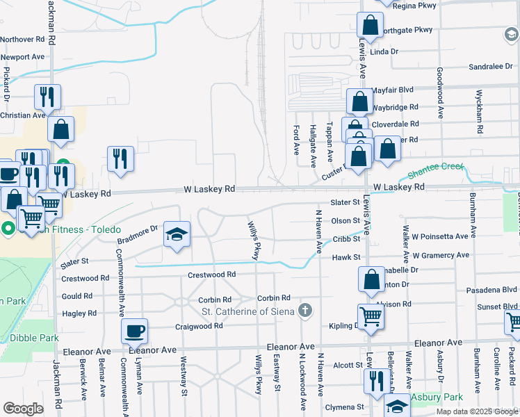 map of restaurants, bars, coffee shops, grocery stores, and more near 1256 Slater Street in Toledo