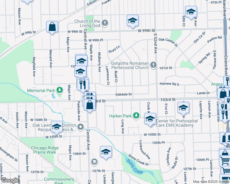map of restaurants, bars, coffee shops, grocery stores, and more near 5500 Oakdale Drive in Oak Lawn