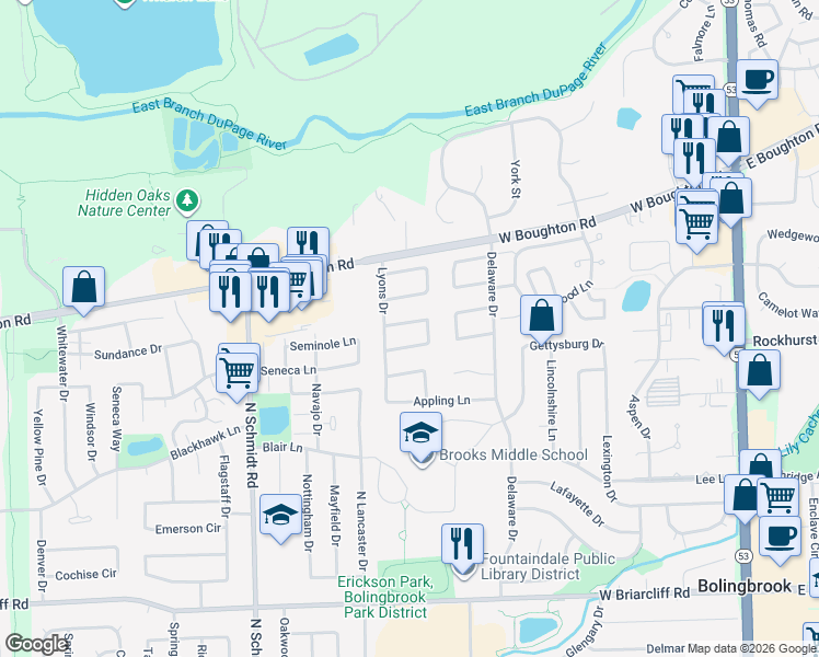 map of restaurants, bars, coffee shops, grocery stores, and more near 353 Gehrig Circle in Bolingbrook