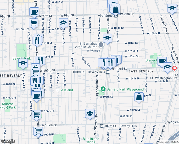 map of restaurants, bars, coffee shops, grocery stores, and more near 2003 West 103rd Street in Chicago