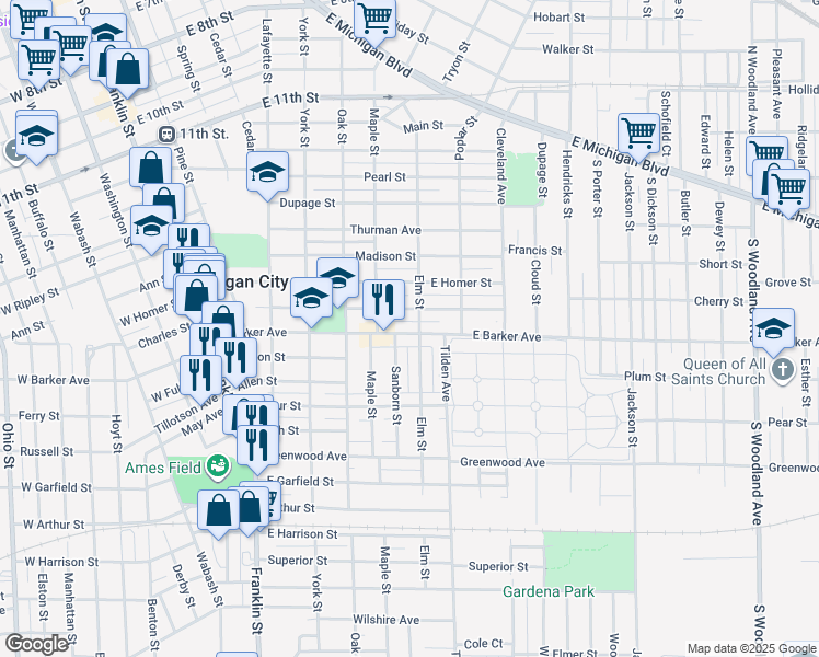 map of restaurants, bars, coffee shops, grocery stores, and more near 711 East Barker Avenue in Michigan City