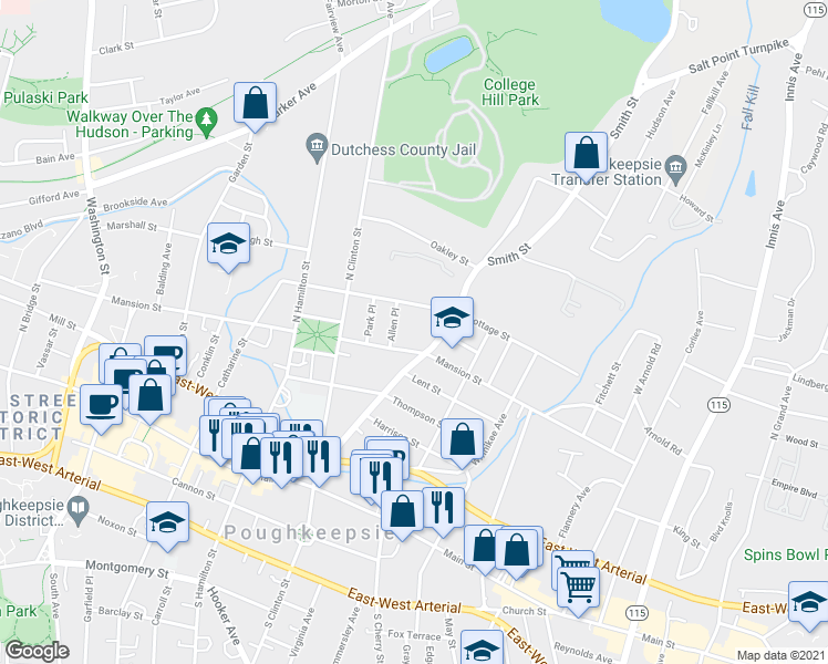 map of restaurants, bars, coffee shops, grocery stores, and more near 253 Mansion Street in Poughkeepsie