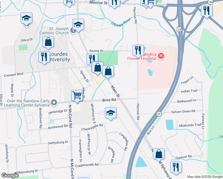 map of restaurants, bars, coffee shops, grocery stores, and more near 5041 Main Street in Sylvania