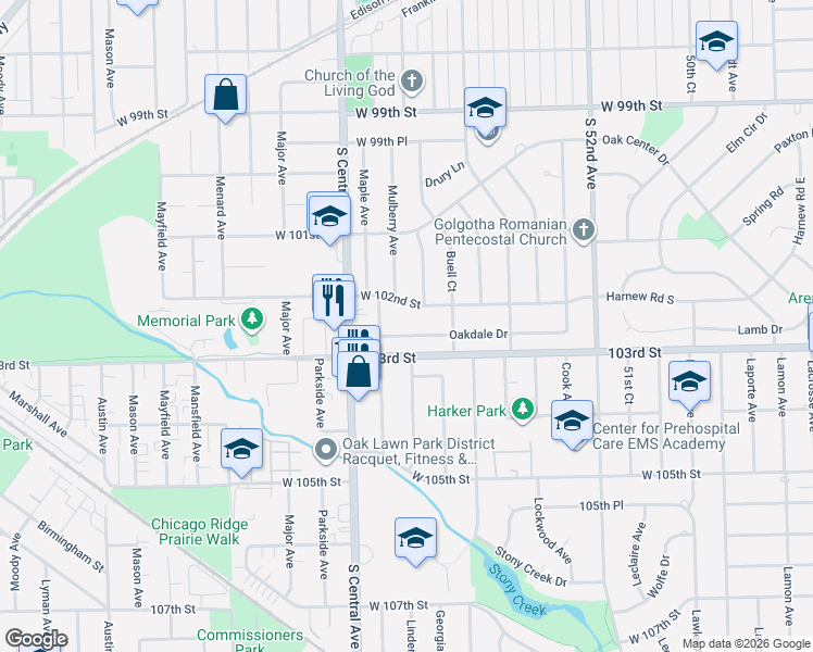 map of restaurants, bars, coffee shops, grocery stores, and more near 5536 Oakdale Drive in Oak Lawn