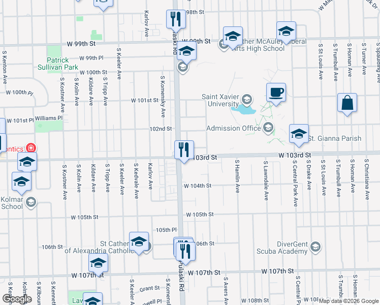 map of restaurants, bars, coffee shops, grocery stores, and more near 3937 West 102nd Place in Chicago