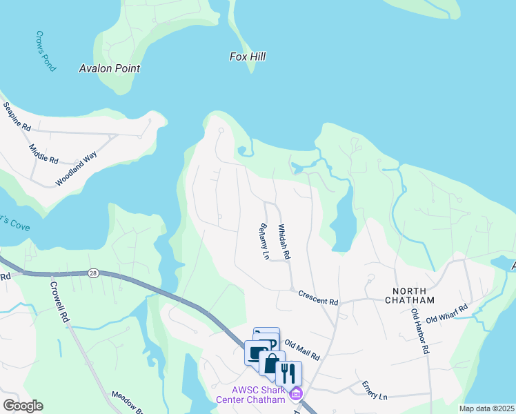 map of restaurants, bars, coffee shops, grocery stores, and more near 165 Whidah Road in Chatham