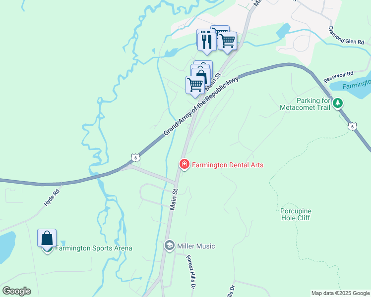 map of restaurants, bars, coffee shops, grocery stores, and more near 273 Main Street in Farmington