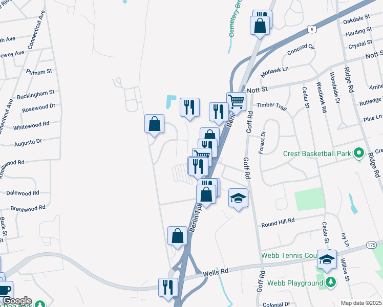 map of restaurants, bars, coffee shops, grocery stores, and more near 23 Tanner Crossing in Wethersfield
