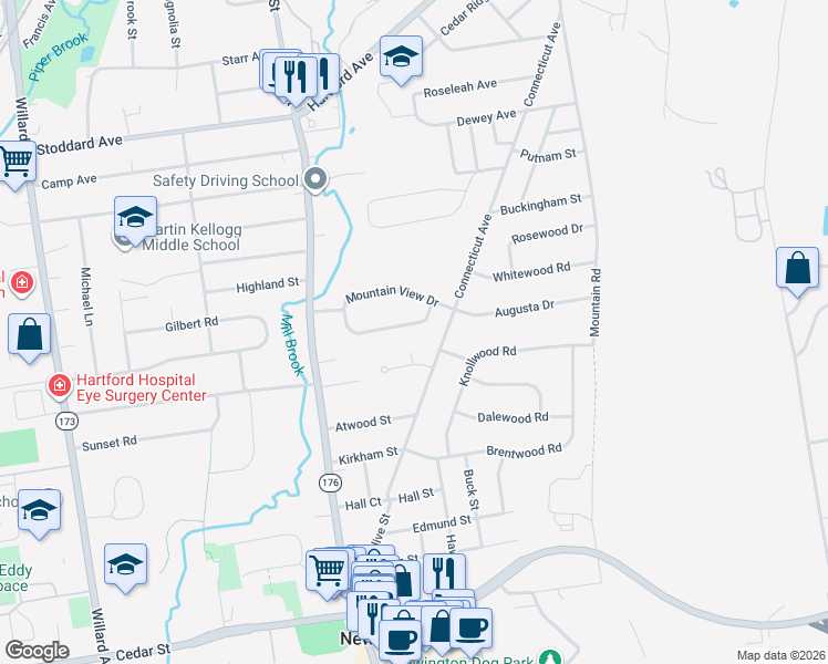 map of restaurants, bars, coffee shops, grocery stores, and more near 75 Crestview Drive in Newington