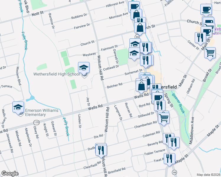 map of restaurants, bars, coffee shops, grocery stores, and more near 21 Belcher Road in Wethersfield