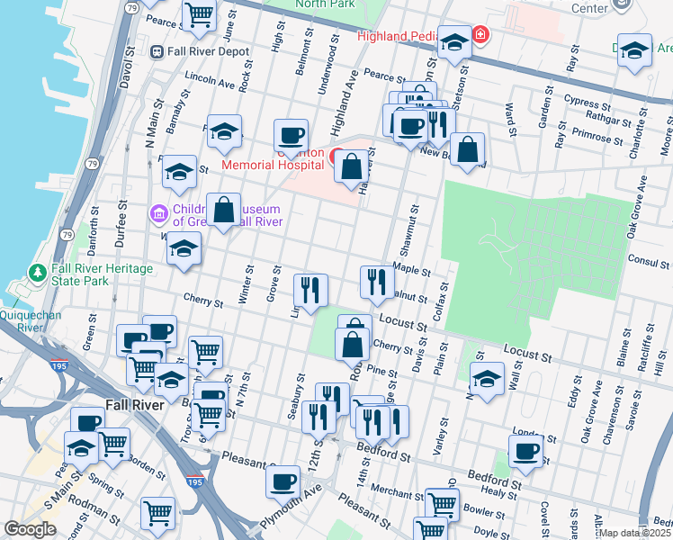 map of restaurants, bars, coffee shops, grocery stores, and more near 77 Hanover Street in Fall River