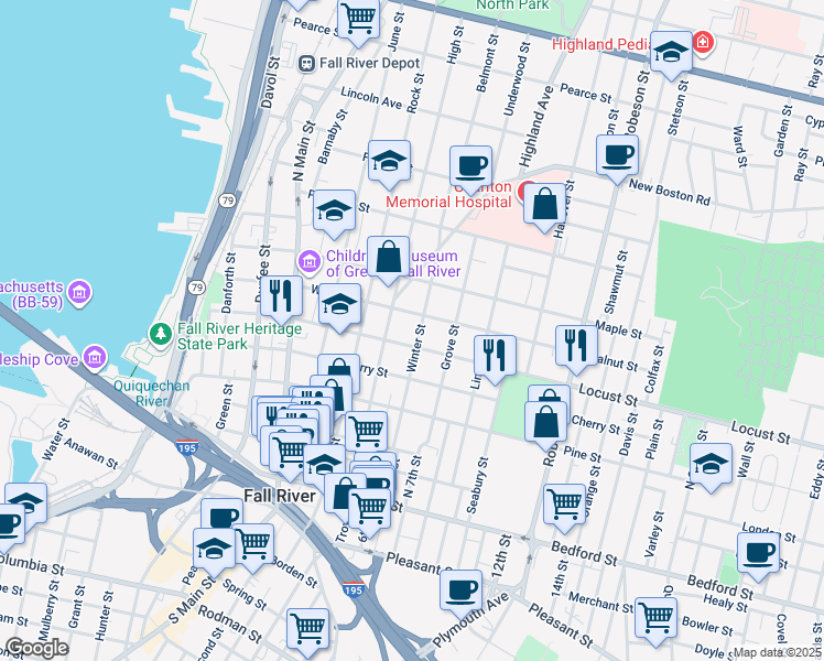 map of restaurants, bars, coffee shops, grocery stores, and more near 229 Winter Street in Fall River