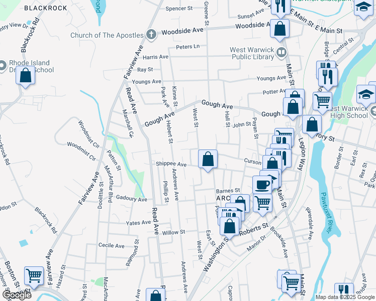 map of restaurants, bars, coffee shops, grocery stores, and more near 20 Agnes Street in West Warwick